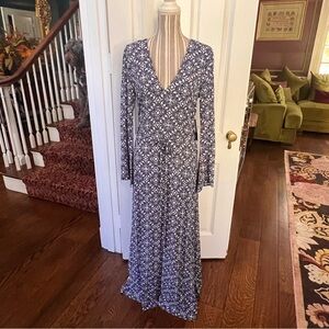 Elegant Blue Patterned Maxi dress slits LuLus NWT belt D52